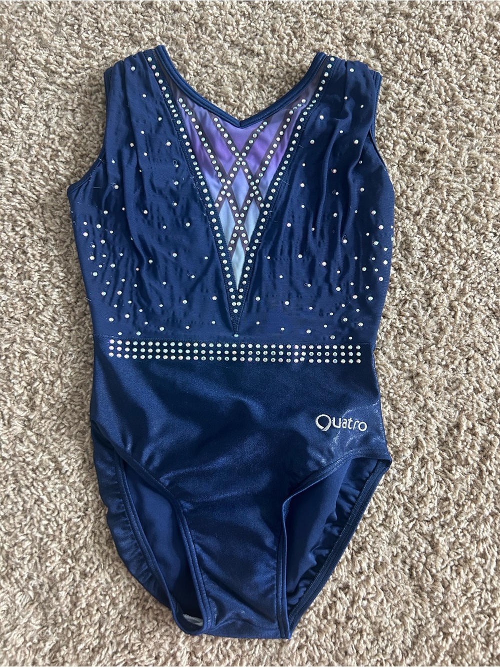 Navy Blue Rhinestone Gymnastics Leotard with Purple Accent - Quatro